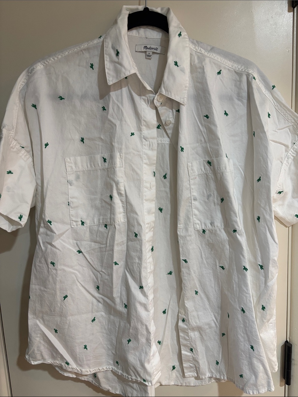 Madewell White Short-Sleeve Button-Down Shirt with Green Cactus Embroidery - Picture 1 of 4
